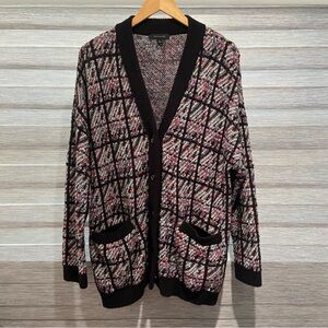 Ann Taylor Cardigan Sweater Size large Tweed Plaid Knit Button Down Black Pink